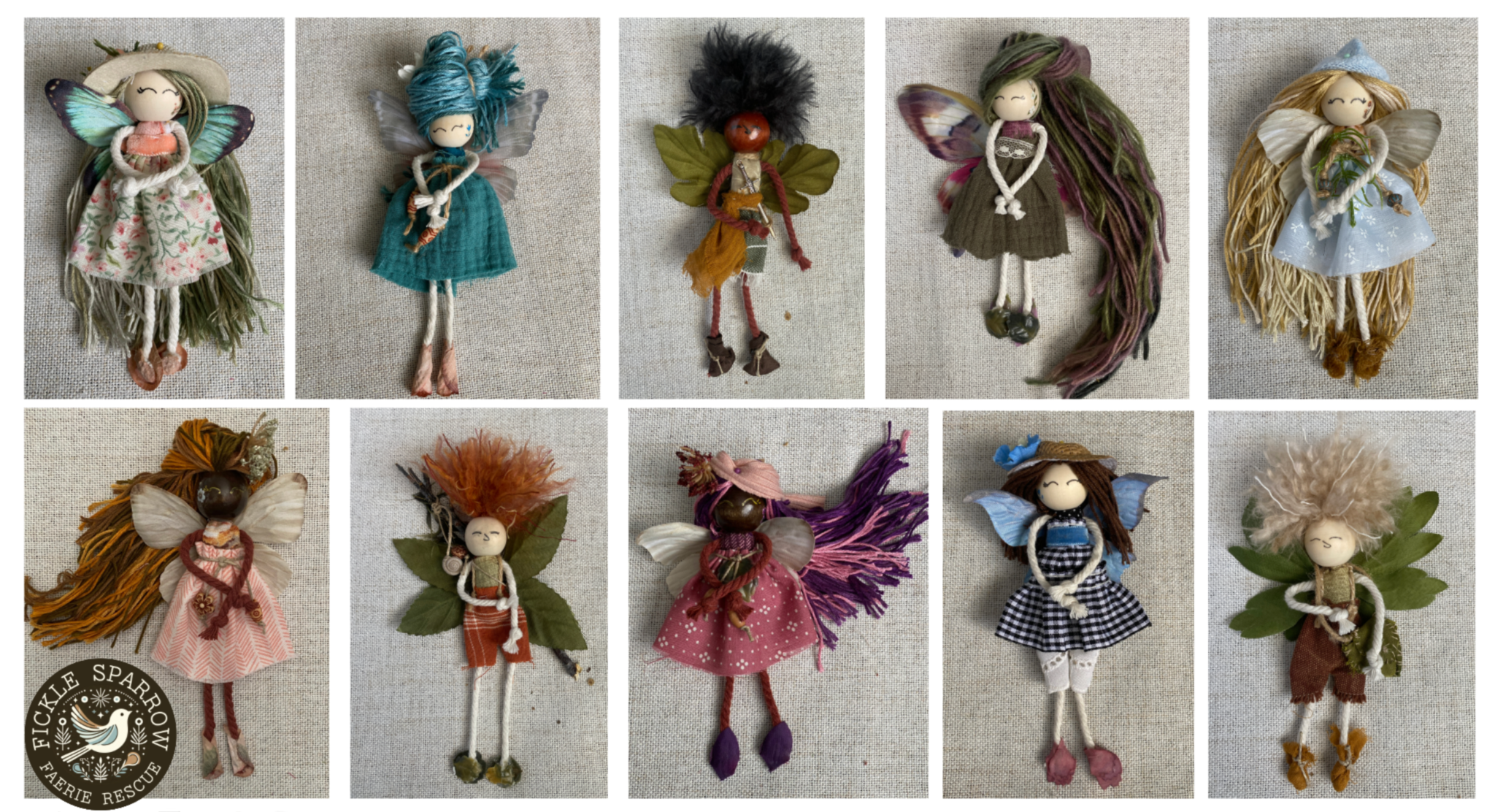 A collection of ten handmade fabric faerie dolls, each unique with different wings, hair, and outfits, available to adopt from Fickle Sparrow Faerie Rescue